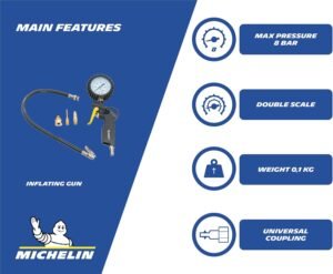 Michelin Tyre Inflator with Double Scale Pressure Gauge, Inflator Gun with Flexible Tube, Compressor Pressure Gauge with Pressure Ra