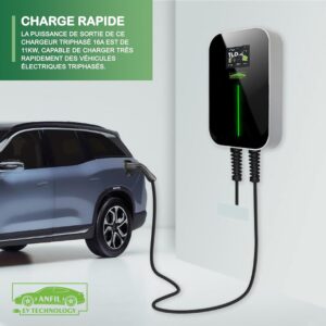ANFIL 3-Phase Charging Station for Electric Vehicles - EU Standard 16A Charger, 11kW IEC 62196-2 - 6.1m Charging Cable, Type 2 Plug
