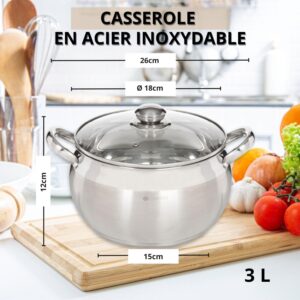 Daniks Classic Marmite Inox 18 cm 3 Litres, Faitout avec Couvercle en Verre, Tous Feux y Compris Induction, avec Echelle de Mesure,