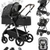 Zkiprm Cuir Poussette 3 en 1, Systeme de Voyage 3-en-1 Avec Siege Auto, Avec Habillage Pluie, Chassis Aluminium, Landau de ville pli