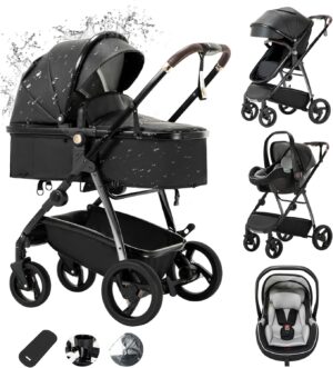 Zkiprm Cuir Poussette 3 en 1, Systeme de Voyage 3-en-1 Avec Siege Auto, Avec Habillage Pluie, Chassis Aluminium, Landau de ville pli