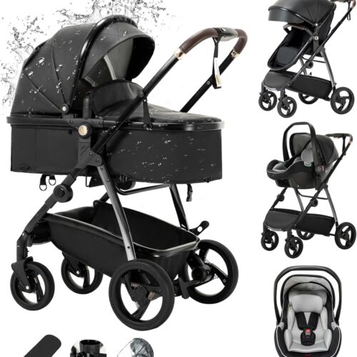 Zkiprm Cuir Poussette 3 en 1, Systeme de Voyage 3-en-1 Avec Siege Auto, Avec Habillage Pluie, Chassis Aluminium, Landau de ville pli