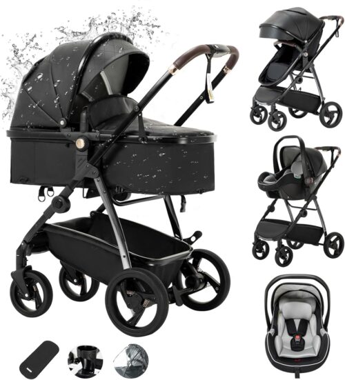 Zkiprm Cuir Poussette 3 en 1, Systeme de Voyage 3-en-1 Avec Siege Auto, Avec Habillage Pluie, Chassis Aluminium, Landau de ville pli
