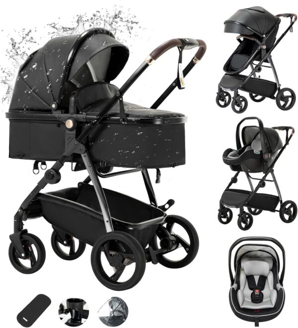 Zkiprm Cuir Poussette 3 en 1, Systeme de Voyage 3-en-1 Avec Siege Auto, Avec Habillage Pluie, Chassis Aluminium, Landau de ville pli