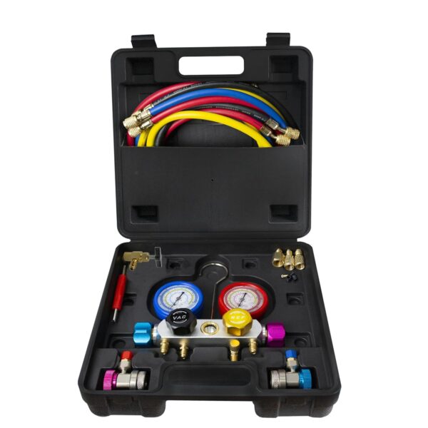 BACOENG R134a 4-Way Car Air Conditioning Refill Kit with 150 cm Hose, Manometer Air Conditioning Gas Filling Kit, Suitable for R32 R
