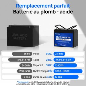 Batterie DCHOUSE 12V 100Ah LiFePO4, BMS 100A ameliore, jusqu'a 15000 cycles, batterie au lithium 1280Wh, parfaite pour les camping-c