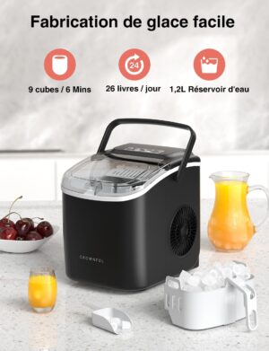 71T0oxwilVL._SL1500_.jpg Machine à glaçons CROWNFUL portable 12 kg/24h autonettoyante