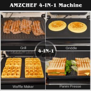AMZCHEF Gril de contact multifonctionnel 4 en 1, Grille, Gaufrier SandwichMaker avec 4 plaques amovibles antiadhesives, temps et t