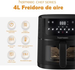 HAIMEEC Air Fryer 4L, 8-in-1 Oil-Free Deep Fryer with Viewing Window, 1350W with Digital Touch Screen, Adjustable 30C-200C, 90 Le