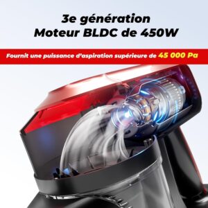 Akitas V10A Aspirateur Balai sans Fil 450W avec Moteur BLDC, Aspiration 45kPa, 60min Autonomie, Brosse LED Verte, Leger, Anti-Enchev