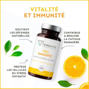 TRIO Immunite Vitamine D3 Vitamine C Zinc Bisglycinate Formule 3 en 1 Ultra Complete Energie et Tonus 60 Comprimes pour