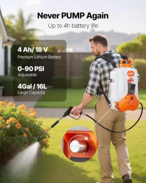 VEVOR Pulverisateur a Dos Electrique a Batterie 16 L, Reglable 0-6,2 Bar, avec 2 Lances, 8 Buses, Batterie 21 V 4 Ah, Pulverisateur