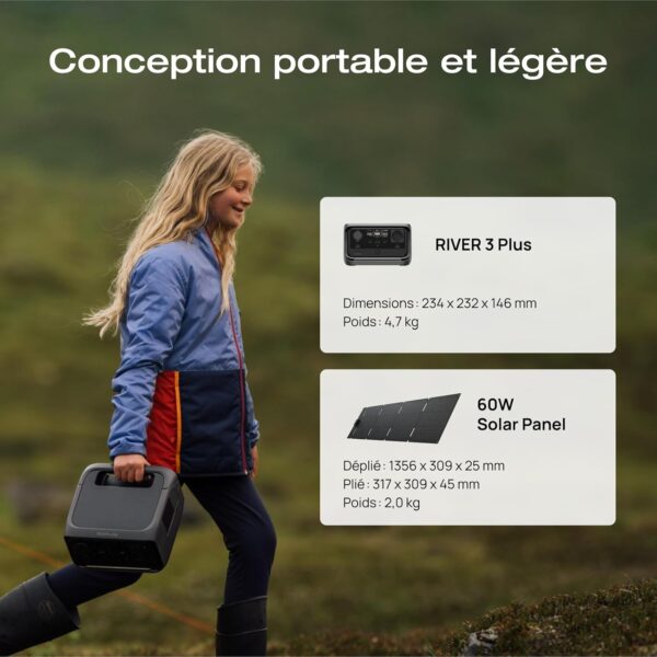 EcoFlow Staion electrique portable RIVER 3 Plus avec panneau solaire 60 W, batterie LFP 286 Wh, sortie 1200 W, autonomie 16 heures p