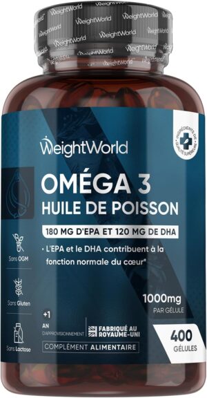 Omega 3 Huile de Poisson 400 Gelules pour 1 An d'Apport, Fish Oil Omega 3 EPA DHA sans Odeur, Selon l'EFSA, l'EPA et le DHA Contrib