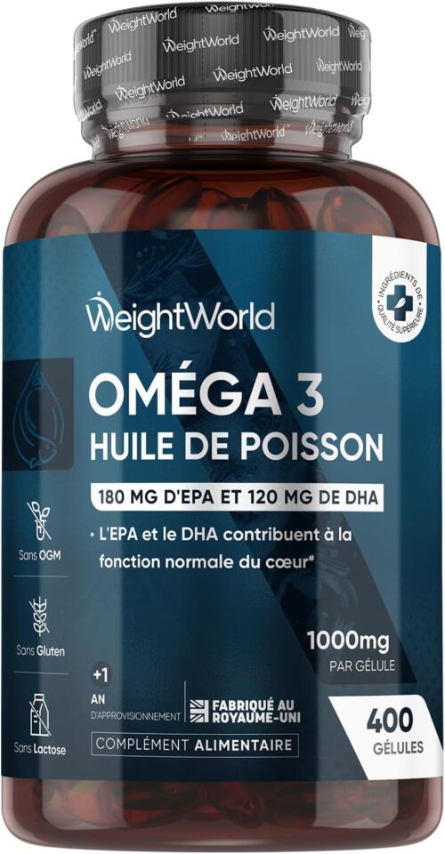 Omega 3 Huile de Poisson 400 Gelules pour 1 An d'Apport, Fish Oil Omega 3 EPA DHA sans Odeur, Selon l'EFSA, l'EPA et le DHA Contrib