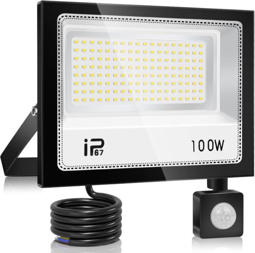 YZYFACAI 100W Projecteur LED Detecteur de Mouvement,10000lm Spot LED Exterieur,7000K Blanc Froid,IP67 Etanche Super Lumineux Eclaira