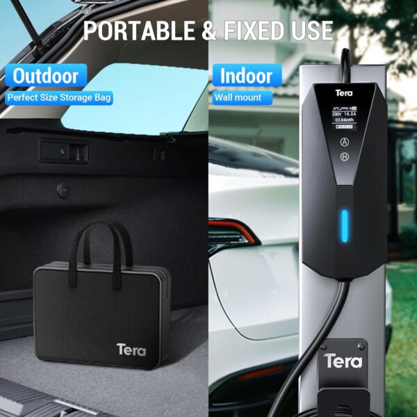 Tera Portable EV Charger Type 2 with 7m Charging Cable 3.68kW 16A Schuko Plug Adjustable Charging Box Cable Ties P02 Black