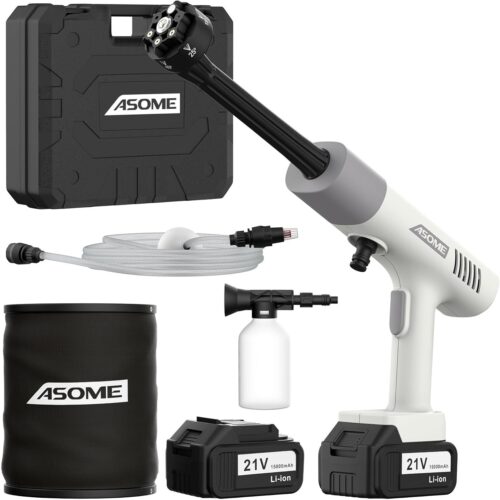 ASOME Nettoyeur Haute Pression sans Fil X021 Nettoyeur Portable avec 2 Batteries 15000 mAh, 80 Min dAutonomie, 30 Bars Buse 6-e