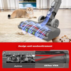 Akitas V10A Aspirateur Balai sans Fil 450W avec Moteur BLDC, Aspiration 45kPa, 60min Autonomie, Brosse LED Verte, Leger, Anti-Enchev