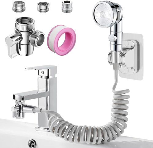 Roscid 3 Modes Douchette Lavabo Salle de Bain avec Tuyau Telescopique de 2m et Support, Ensemble Pommeau Douche pour Lavabo avec 3 V