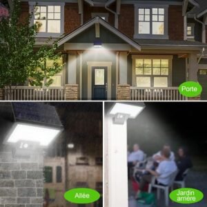 JESLED Lampe Solaire Exterieur, 108LEDs Projecteur LED Detecteur De Mouvement, 2600mAh, Cinq Modes, Applique Murale De Securite etan