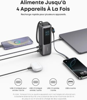 Anker Zolo Batterie Externe pour Ordinateurs Portables, Chargeur 25000mAh 3 Ports USB-C 100W pour Plusieurs appareils, cable integre