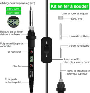 Fer a Souder Kit 80W Temperature Reglable 180-520C Electronique de Precision avec Interrupteur ONOFF, 5 Conseils de soudage, Pompe