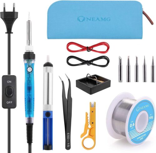 Fer a Souder Kit, ONEAMG 60W, Electrique, Temperature Reglable avec Interrupteur ONOFF, Station de Soudage avec 5PCS Conseils, Pomp