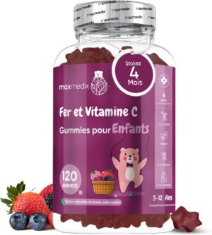 Gummies Fer avec Vitamine C - 120 Gummies Vitamine Enfant (4mois) de 3 a 12 ans - Gummies Enfant Vitamine C Acide Ascorbique Fer S