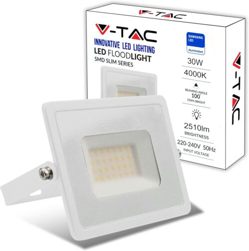 V-TAC Projecteur LED Exterieur 30W - Haute Performance Blanc- IP65 2510 Lumen Lampe Etanche pour Maison, Jardin, Garage, Fabri