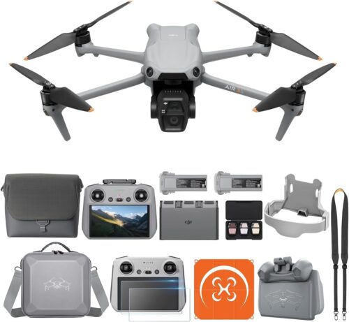 DJI Air 3S Fly More Combo (telecommande RC 2 avec ecran) avec accessoires polyvalents, drone avec grand angle CMOS 1 camera tele