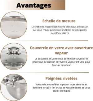 Daniks Classic Marmite Inox 18 cm 3 Litres, Faitout avec Couvercle en Verre, Tous Feux y Compris Induction, avec Echelle de Mesure,