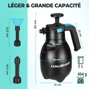 HAUSHOF Pulverisateur Mousse Manuel 2 L, Pulverisateur a Pression a Main avec 2 Buses Reglables, pour Lavage Voiture, Nettoyage Dome
