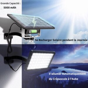 JACKYLED Lampe Solaire Puissante Exterieure de 1000 Lumens, Projecteur Led Solaire avec Batterie a Grande Capacite 5000 mAh, Eclaira