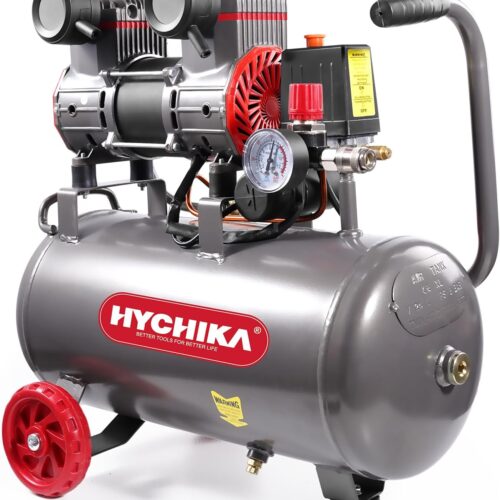 71ZxIh0DkwL._AC_SL1500_.jpg HYCHIKA Silent Air Compressor, 8 Bar, 24L, 230V-240V, Oil Free, Compressor 1100W Max, Adjustable Exhaust Pressure for Spraying, Air