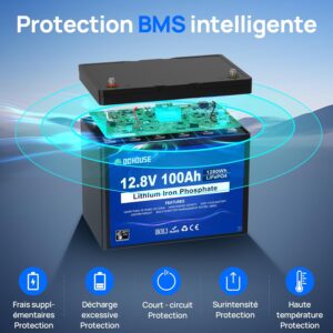 Batterie DCHOUSE 12V 100Ah LiFePO4, BMS 100A ameliore, jusqu'a 15000 cycles, batterie au lithium 1280Wh, parfaite pour les camping-c