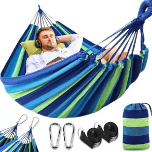 BUOAZR Hamac d'exterieur de Camping 2 Personnes(300 x 150 cm), 270 kg Capacite de Charge, 2 Mousquetons de qualites, 2 Sangles de Ny