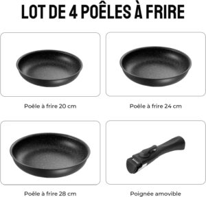 Fadware Lot de 3 poeles - 20 24 28 cm - Avec poignee amovible - Pour tous les types de feux dont induction - Revetement anti-adh