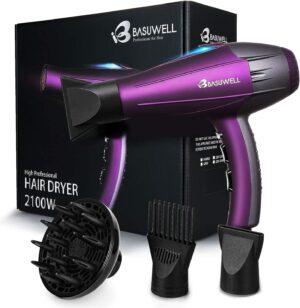 Basuwell Seche Cheveux Professionnel 2100W, IoniqueInfrarouge Iointain Salon Seche-Cheveux avec Diffuseur,Peigne et Buse, Puissant