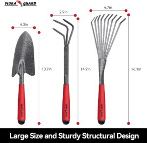 FLORA GUARD 6 Pcs Garden Tools Stainless Steel Garden Tool Kit with 2-in-1 Hoe, Treulle, Rakes, Weeder Knife, Hammered Finish, for P