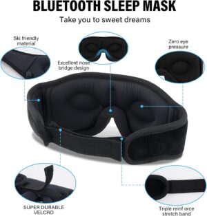 Masque de sommeil avec casque Bluetooth, masque de sommeil 3D sans fil, masque pour les yeux pour dormir sur le cotele dos, cadeau