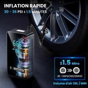 Portable Air Compressor, Mini Wireless Car Tyre Inflator with LED and USB C Port 150 PSI Rechargeable Battery, Fast Inflation, Compr