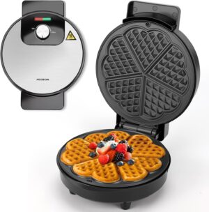 Aigostar Gaufrier pour 5 Gaufres en Forme de Cœur, 1000W, Plaques Antiadhesives de 19 cm, Temperature Reglable, Indicateur LED, Poig