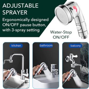 Roscid 3 Modes Douchette Lavabo Salle de Bain avec Tuyau Telescopique de 2m et Support, Ensemble Pommeau Douche pour Lavabo avec 3 V