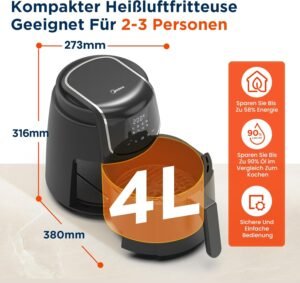 Friteuse sans huile Midea 4L 1500W, 8 programmes, 200°C