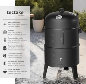 tectake Barbecue Grill XL BBQ a Charbon Smoker Fumoir Viande et Poisson 3 en 1, 3 etages avec Roues et Thermometre integre pour Cui