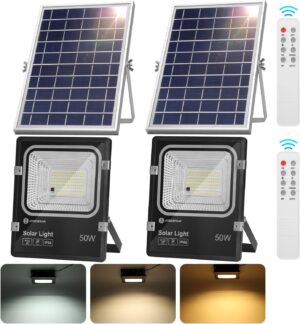 Aigostar - Projecteur Solaire LED dexterieur avec Panneau Solaire,50W,Dimmable 300040006500K,5000mAH,Batteiorie de Grande Capacit
