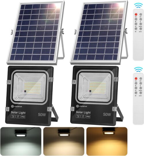 Aigostar - Projecteur Solaire LED dexterieur avec Panneau Solaire,50W,Dimmable 300040006500K,5000mAH,Batteiorie de Grande Capacit