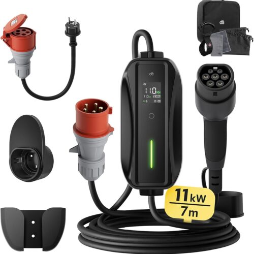 Electric Car Charger 11 kW 7 m, Three Phase, 6-16A, de Type 2 CEE Socket EV Charger Mobile Wallbox Charging Station with Schuko to