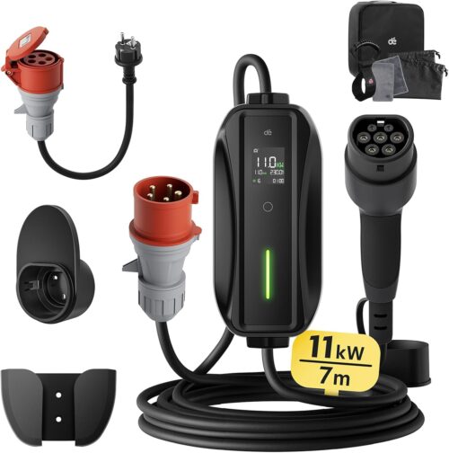 Electric Car Charger 11 kW 7 m, Three Phase, 6-16A, de Type 2 CEE Socket EV Charger Mobile Wallbox Charging Station with Schuko to